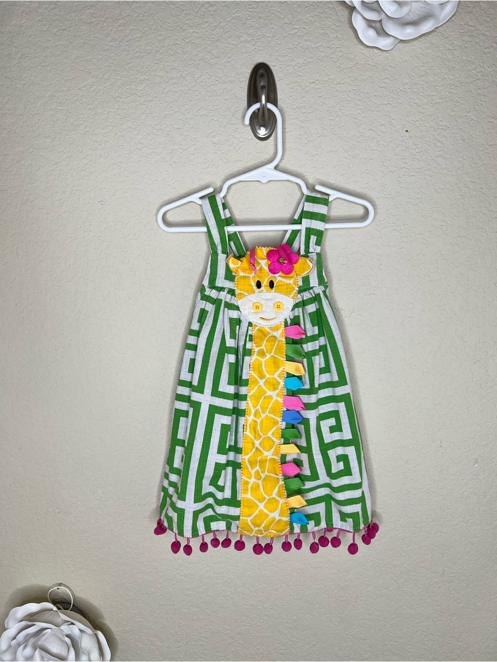 NTM: Mud Pie Giraffe Applique Pom Pom Sundress Girls 3T Green Yellow